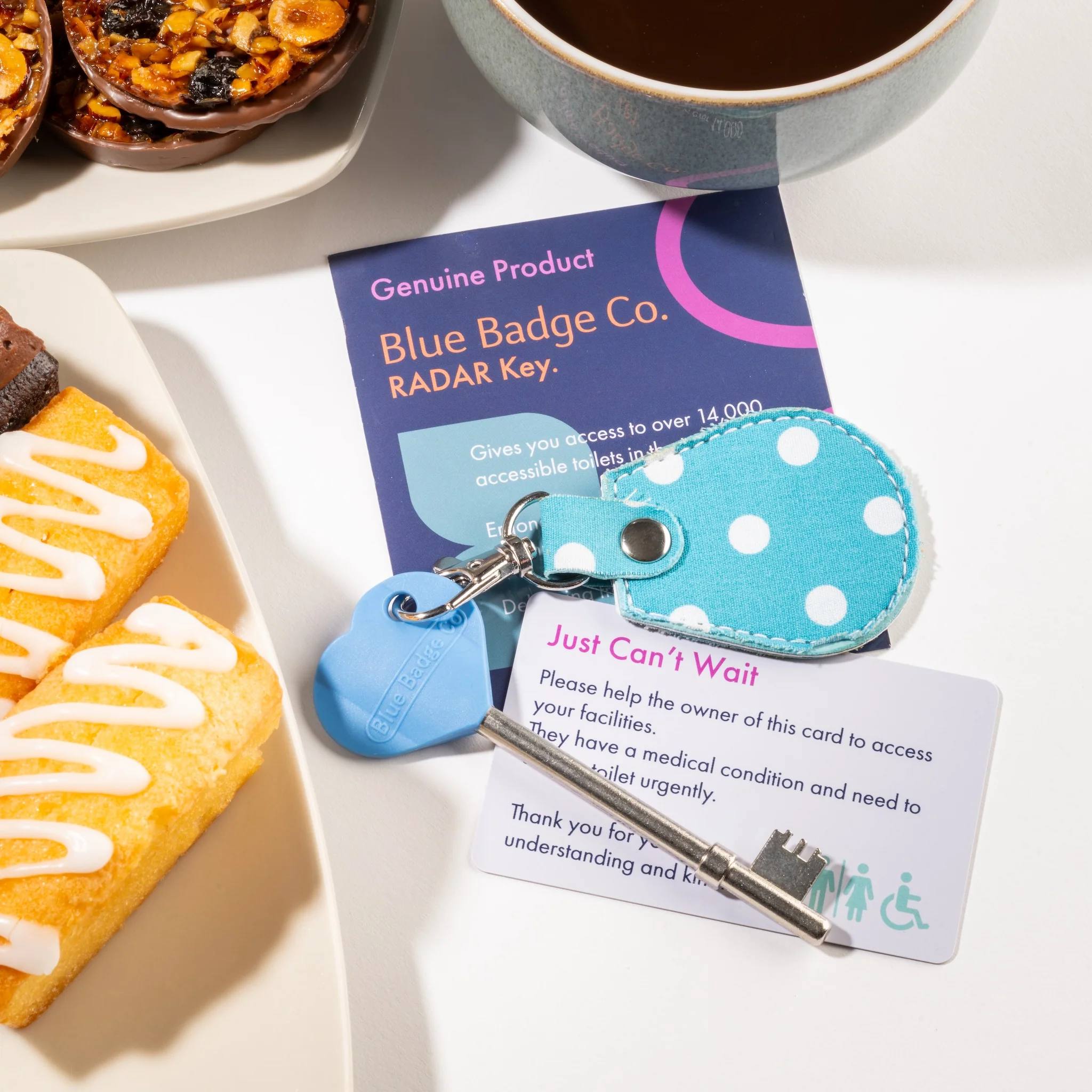 Genuine RADAR Disabled Toilet Key and Fabric Keyring in Spotty Aquamarine - UK Made - Image 3